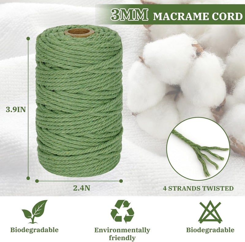 PHUNTTEK Macrame Cord 3mm x 164 Yards, 3 Rolls Green Colored Macrame Cotton Cord Rope Kit Macrame Yarns Bulk String 4 Strands Twisted for Wall Hanger Plant Hanging DIY Crafts Knitting Macrame Supplies - Image 2